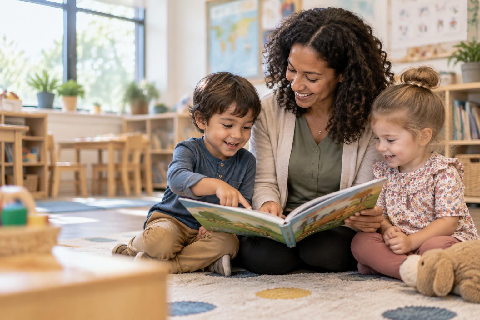 Teacher reading with two young children in a bright classroom