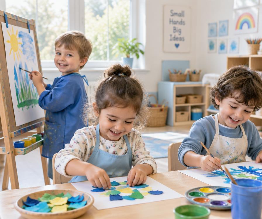 Preschoolers painting and making art