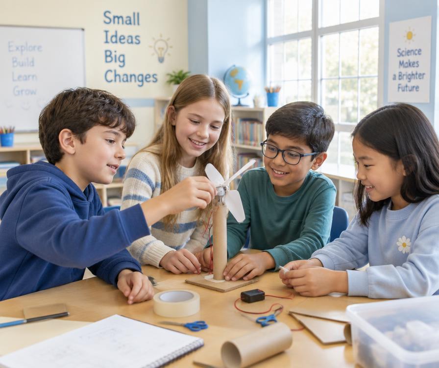 School-age children building a science project