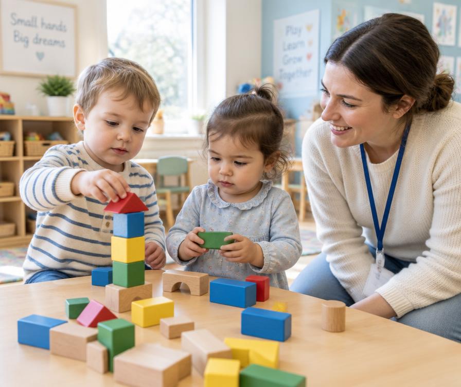 Two toddlers stacking blocks with their teacher
